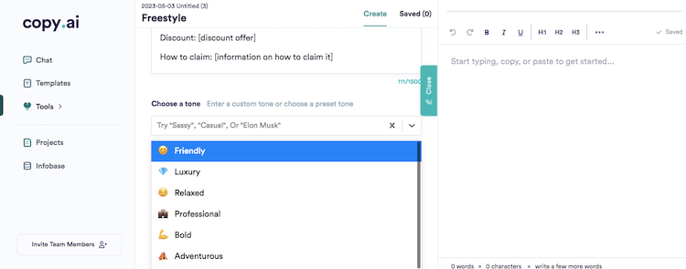 Copy.ai recensie van de tone of voice 